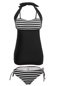Sexy Black White Stripes Black Splice Tankini Swimsuit