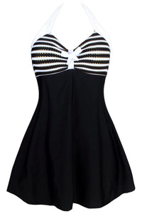 Sexy Black White Stripes Gold Trim One-piece Swimdress