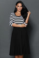 Sexy Black White Stripes Scoop Neck Sleeved Casual Swing Dress