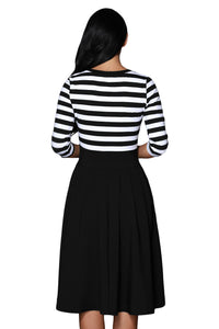 Sexy Black White Stripes Scoop Neck Sleeved Casual Swing Dress
