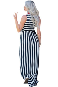 Sexy Black White Stripes Sleeveless Maxi Dress
