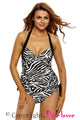 Sexy Black White Zebra Print Halter Tankini Swimsuit