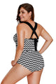 Sexy Black White Zigzag Crisscross Neckline One Piece Swimsuit