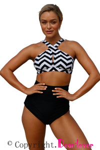 Sexy Black White Zigzag Cross Front Bikini High Waist Swimsuit