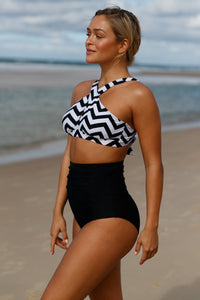 Sexy Black White Zigzag Cross Front Bikini High Waist Swimsuit