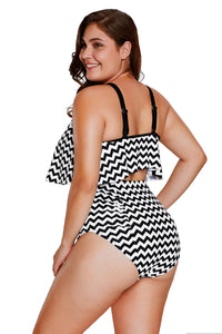 Sexy Black White Zigzag Flounce Tankini High Waist Swimsuit