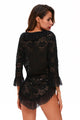 Sexy Black Womens Long Sleeve Lace Jacket with Thong