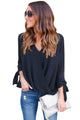Sexy Black Womens V Neck Ruched Tie Sleeve Top