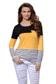 Sexy Black Yellow Color Block Striped Long Sleeve Blouse Top