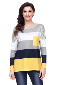 Sexy Black Yellow Colorblock Pocket Pullover Tunic Top