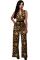 Sexy Black Yellow Tapestry Print Belted Jumpsuit