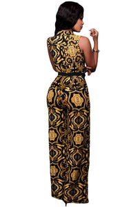 Sexy Black Yellow Tapestry Print Belted Jumpsuit