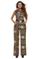 Sexy Black Yellow Tapestry Print Belted Jumpsuit