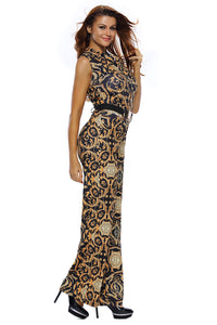 Sexy Black Yellow Tapestry Print Belted Jumpsuit