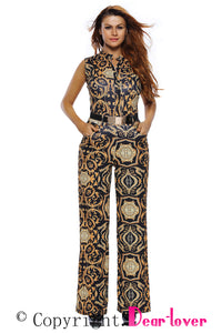 Sexy Black Yellow Tapestry Print Belted Jumpsuit