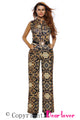 Sexy Black Yellow Tapestry Print Belted Jumpsuit