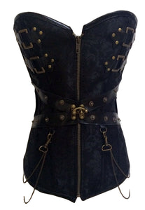 Sexy Black Zip Front Steampunk Corset with Thong