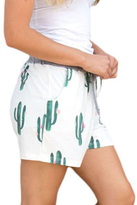 Sexy Blooming Cactus Print White Casual Shorts