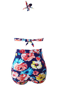 Sexy Blooming Navy Retro High Waist 2 Pieces Plus Swimsuit