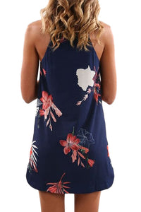 Sexy Blooming Red Flower Print Navy Sleeveless Dress