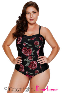 Sexy Blooming Rose Print Hourglass One Piece Swimsuit
