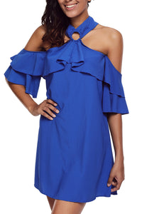 Sexy Blue Adorable Sexy O Ring Detail Ruffle Dress