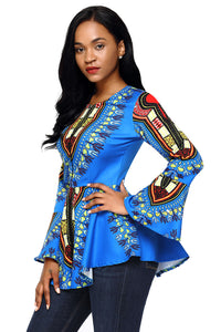 Sexy Blue African Print Zipper Front Long Sleeve Top