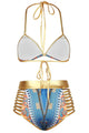 Sexy Blue African Tribal Metallic Cutout High Waist Swimsuit