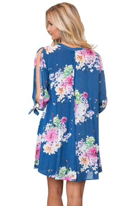 Sexy Blue Background Floral Dress with Slit Sleeve