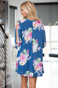 Sexy Blue Background Floral Dress with Slit Sleeve