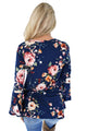 Sexy Blue Bell Sleeve Floral Print Top
