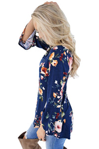 Sexy Blue Bell Sleeve Floral Print Top