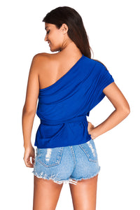 Sexy Blue Belted Flare One Shoulder Top