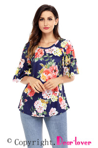 Sexy Blue Big Floral Print Ruffle Sleeve Top
