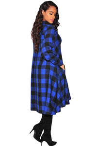 Sexy Blue Black Plaid Flared High Low Blouse Dress