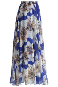 Sexy Blue Blossoming Floral Chiffon Maxi Skirt