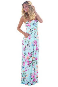 Sexy Blue Boho Floral Strapless Maxi Dress with Pockets