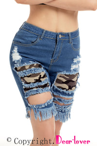 Sexy Blue Camo Patchwork Frayed Cutout Denim Shorts