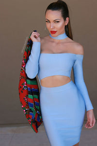 Sexy Blue Choker Cut out Off Shoulder Long Sleeves Bandage Dress