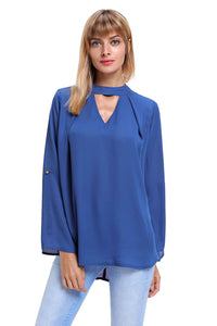 Sexy Blue Choker Cut out V Neck Blouse with Keyhole Back