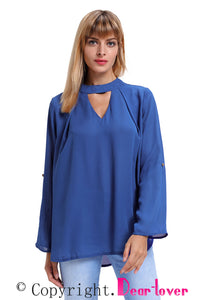 Sexy Blue Choker Cut out V Neck Blouse with Keyhole Back