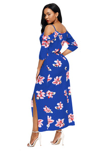 Sexy Blue Cold Shoulder Floral Slit Maxi Dress