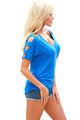 Sexy Blue Cold Shoulder Ruched Sides T-shirt