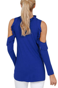 Sexy Blue Cold Shoulder Ruffle Top