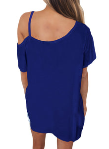 Sexy Blue Cold Shoulder Short Sleeve Loose Fit Tops