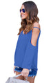 Sexy Blue Cold Shoulder V Neck Wrap Front Breezy Blouse