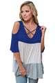 Sexy Blue Color Block Criss Cross V Neck Cold Shoulder Top