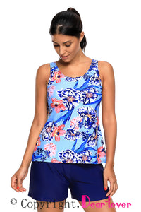 Sexy Blue Coral Floral Print Tankini and Short Swimsuit