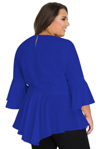Sexy Blue Crochet Insert Bell Sleeve Plus Size Top