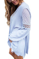 Sexy Blue Crochet Lace Trim Relaxed Long Sleeve Tunic